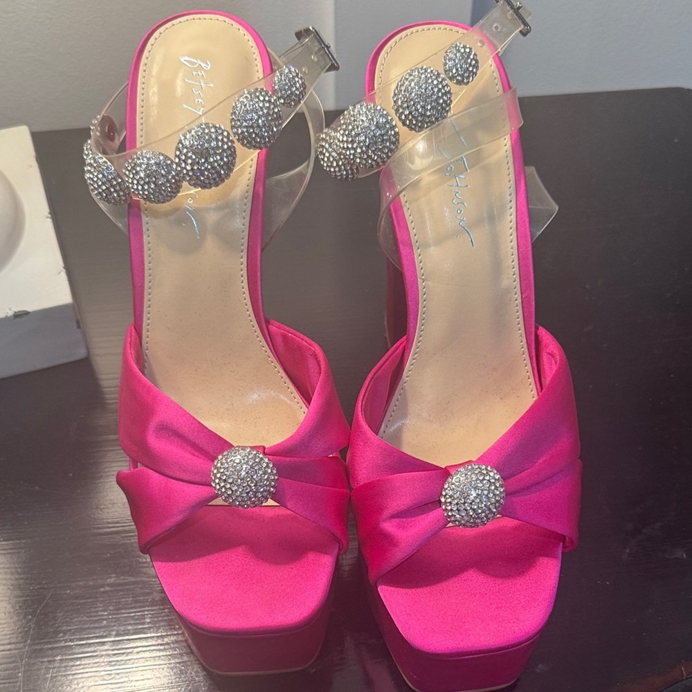Betsey Johnson Fuchsia Satin Heels with Silver Accents